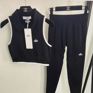 ALO Yoga Black and White Leggings & Crop Top Set